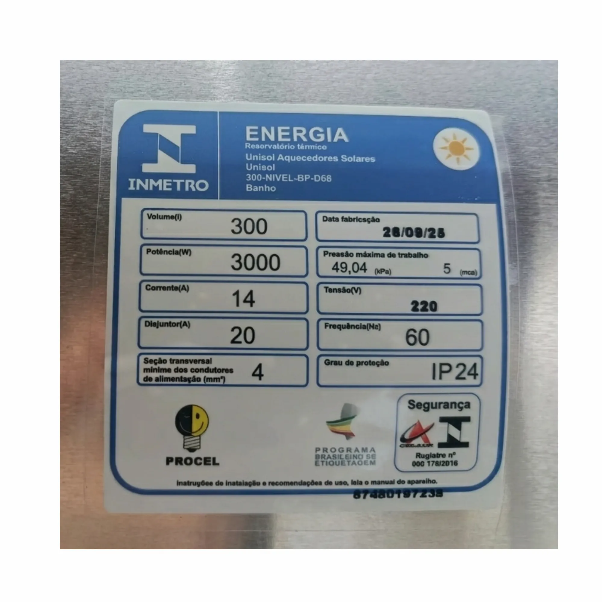 AQ SOLAR DE AGUA 300BP 316-L NIVEL D68