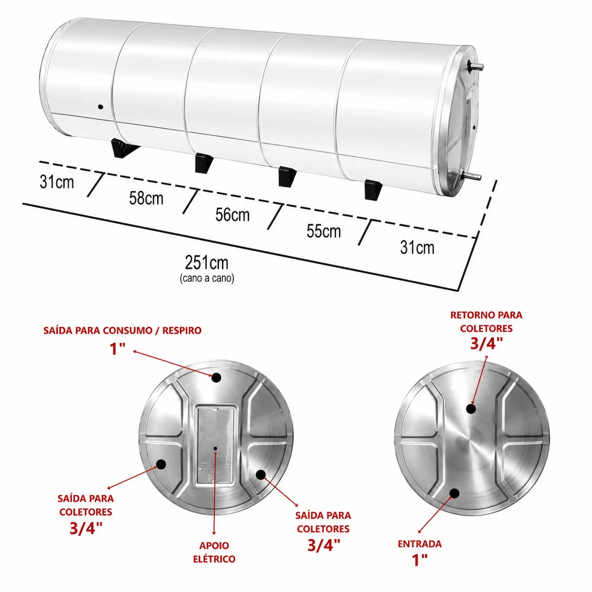 Boiler 1020L Baixa Pressão Inox 304 Aquecimento Elétrico e Solar D81 - Imagem 5