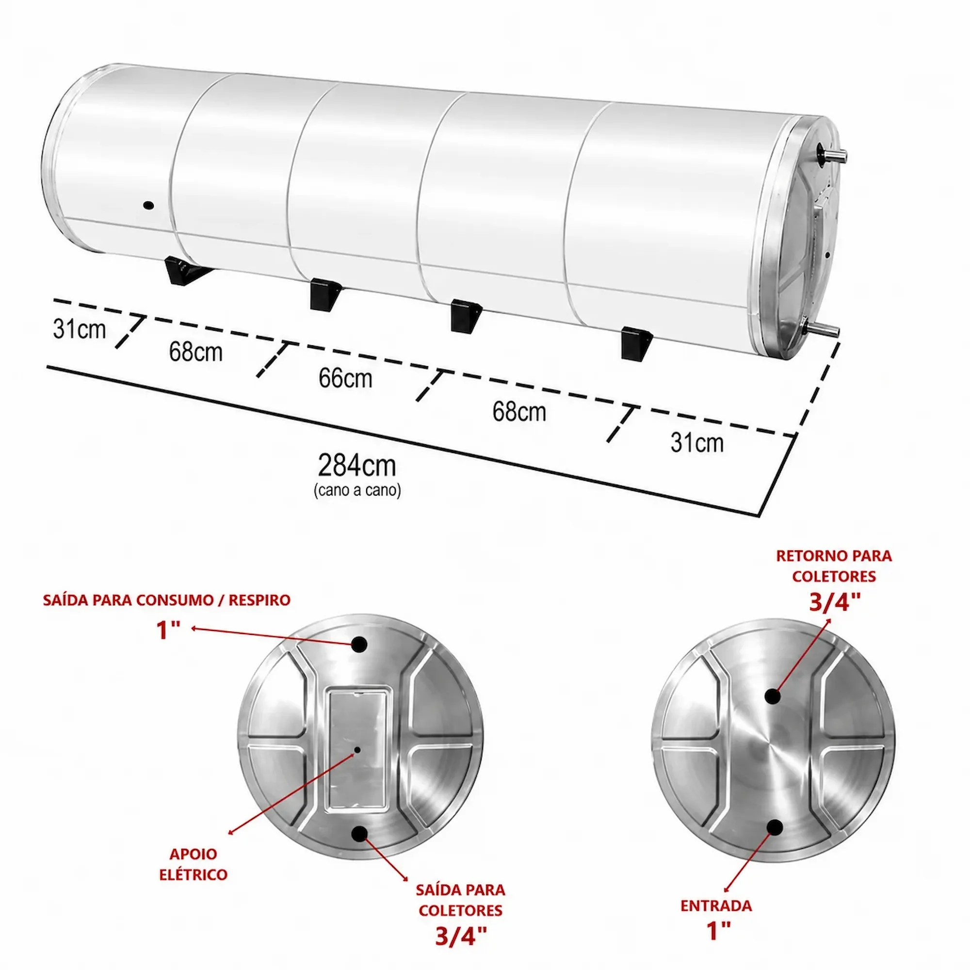 Boiler 800L Baixa Pressão Inox 304 Aquecimento Elétrico e Solar D68 - Imagem 5