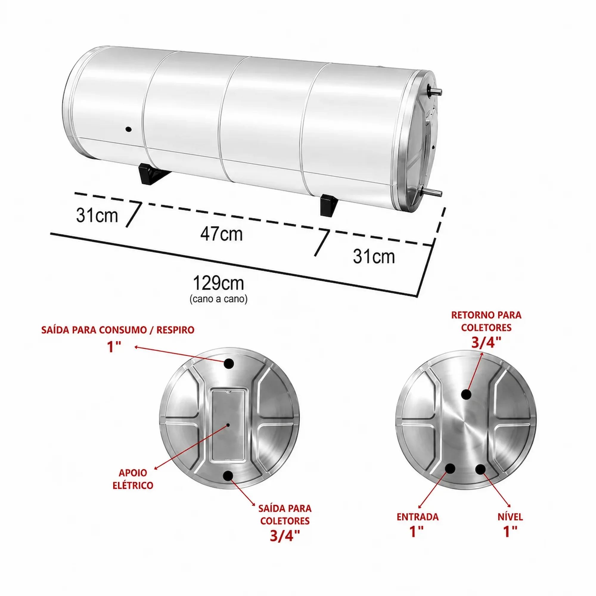 Boiler 300L Inox 304 Baixa Pressão De Nível Aquecimento Elétrico e Solar - Imagem 5