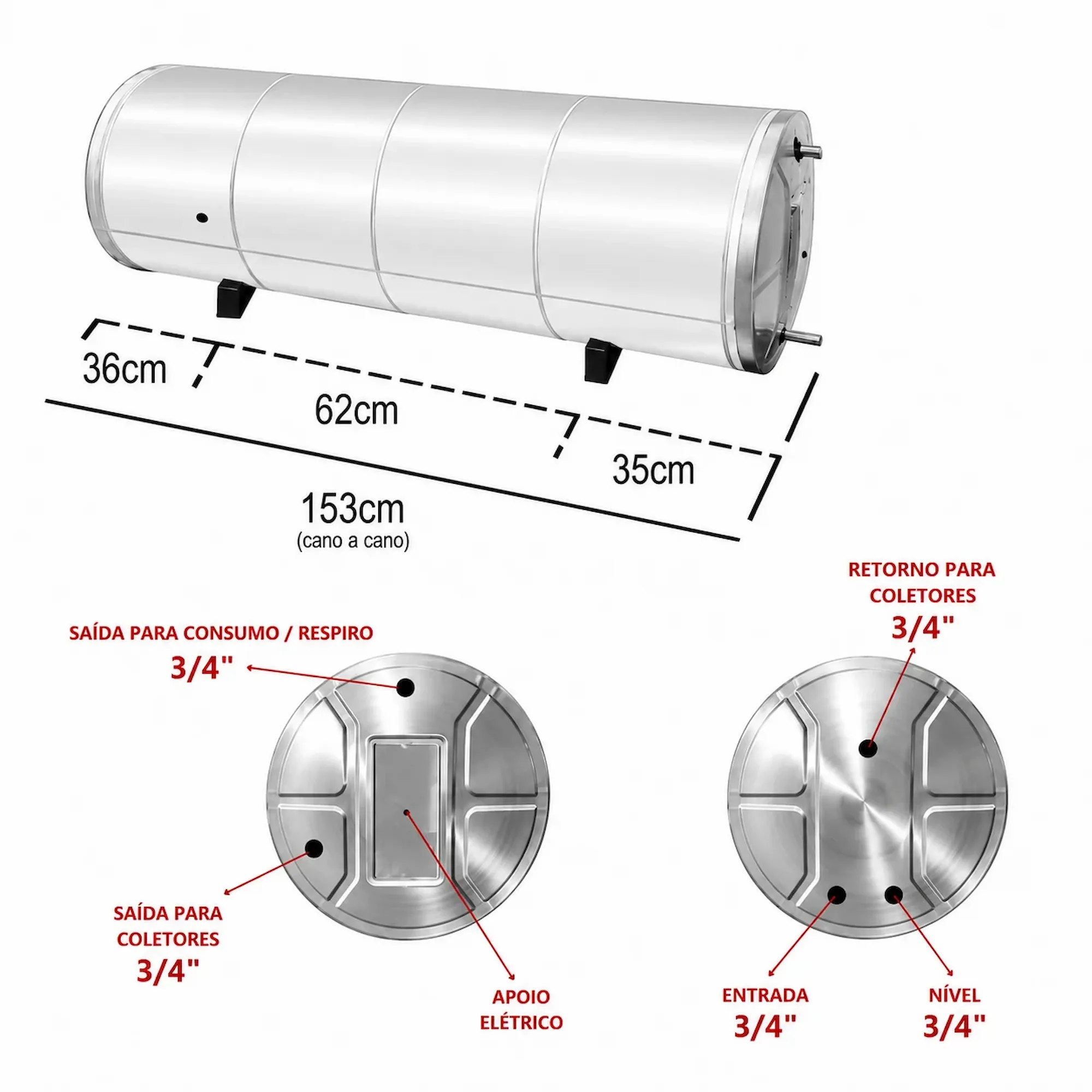 Boiler 200L Inox 304 Baixa Pressão De Nível Aquecimento Elétrico e Solar - Imagem 5