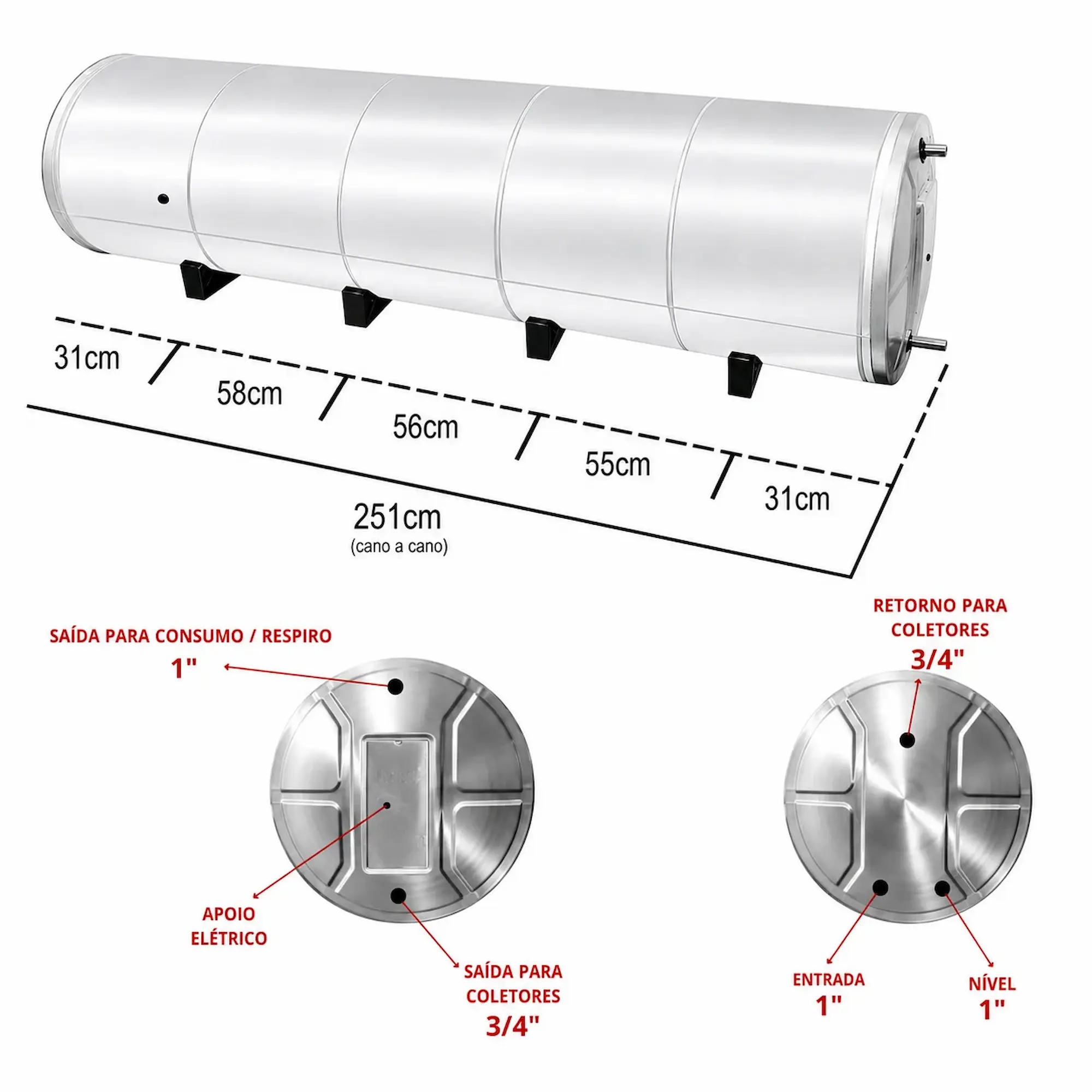 Boiler 1020L Inox 304 Baixa Pressão De Nível Aquecimento Elétrico e Solar D81 - Imagem 5
