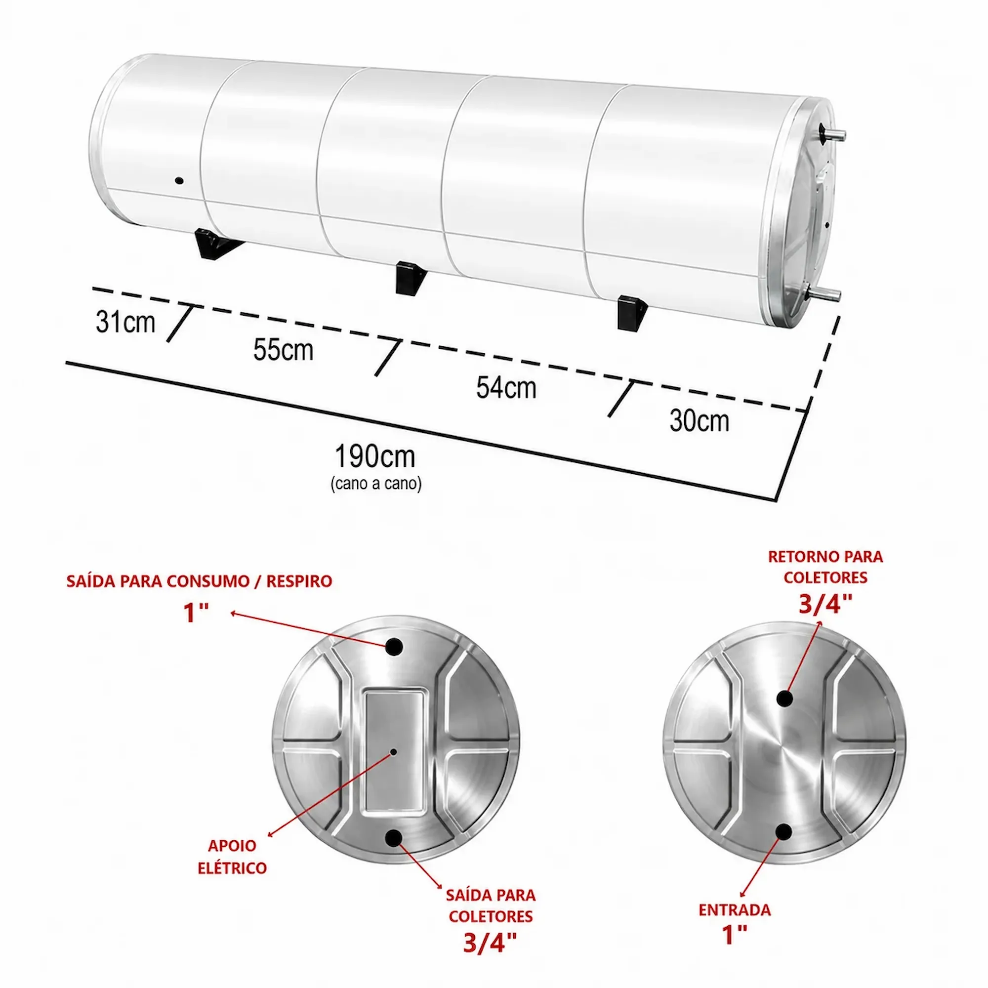 Boiler 500L Baixa Pressão Inox 304 para Aquecimento Elétrico e Solar. - Imagem 4