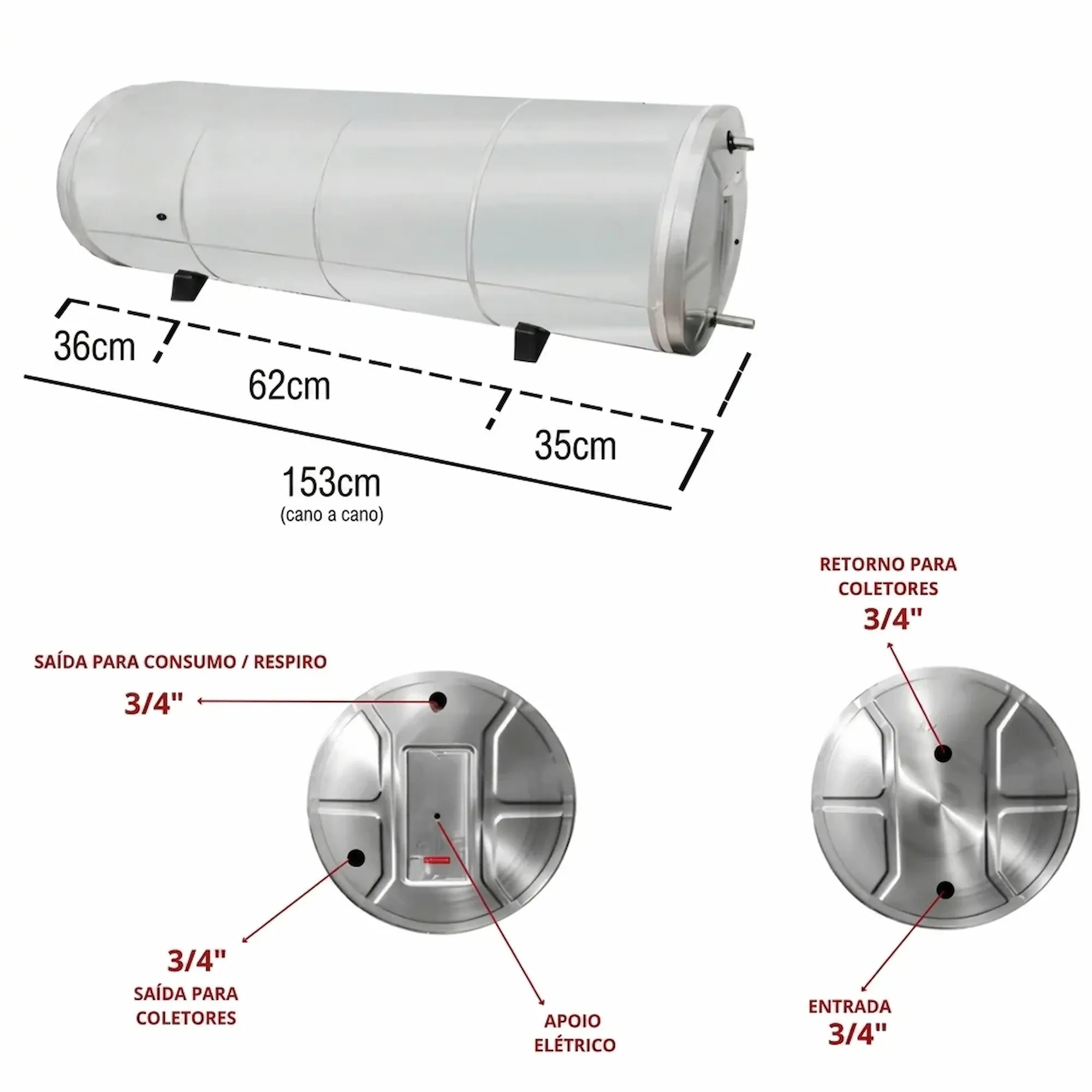Boiler 200L Baixa Pressão Inox 304 para Aquecimento Elétrico e Solar - Imagem 4